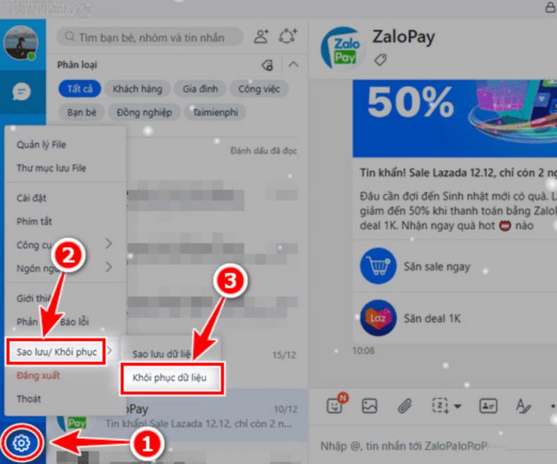 Cách lấy lại file đã gửi trên zalo đơn giản và nhanh chóng 1 1 chon sao luu khoi phuc o muc cai dat