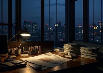 Văn phòng công ty thám tử An Giang về đêm, chuyên nghiệp.