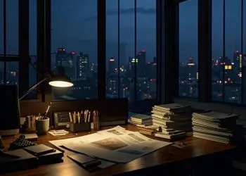 Văn phòng công ty thám tử An Giang về đêm, chuyên nghiệp.